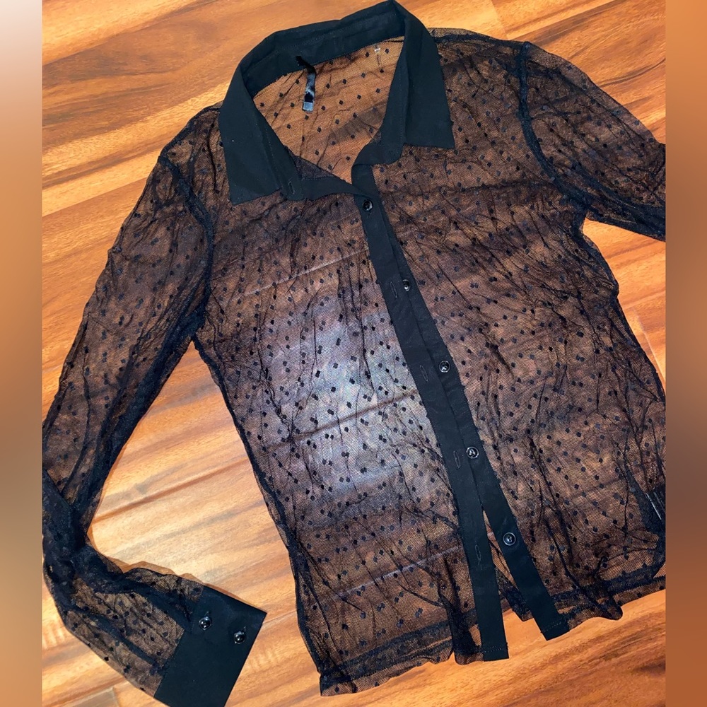 Sheer polka dot button up top
